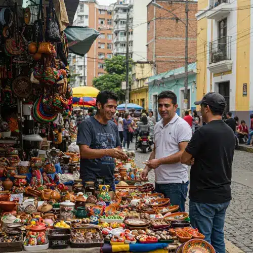 Puesto de mercado en Caracas con productos artesanales, representando el emprendimiento en Caracas y la cultura venezolana.