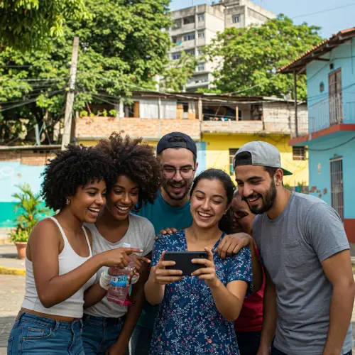 Un grupo de cinco amigos jóvenes y diversos sonríen mientras revisan la web de Guacapop en un móvil,La escena alegre refleja cómo usar Guacapop para aplicar estrategias para aumentar las ventas, según el artículo 'Estrategias para Aumentar las Ventas: Cómo Vender Más con Guacapop en Caracas'. Fondo con casas típicas venezolanas, árboles verdes y un cielo azul, estilo realista, colores vivos, alta resolución."