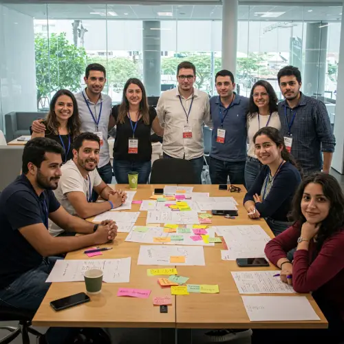 Equipo colaborando en una reunión creativa, discutiendo ideas para diferentes tipos de emprendimiento.